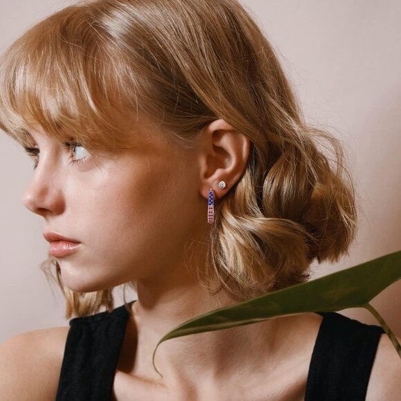 Crystal Hoop Earrings Silver Plated Patriotic American Flag Dangle Jewelry - Picture 6 of 7